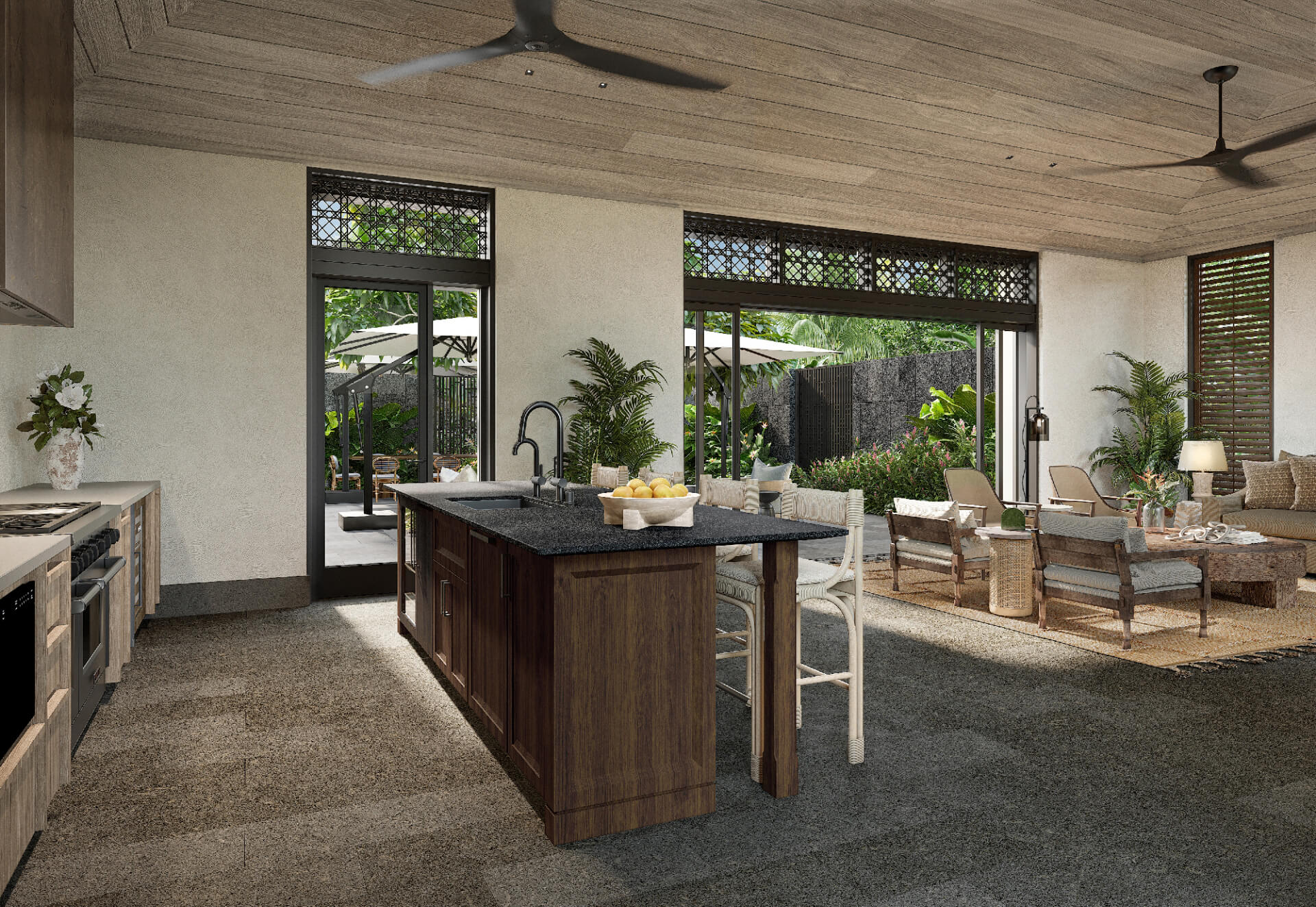 Mālie Courtyard Sunrise that is covered and semi-enclosed with adjoining kitchen.