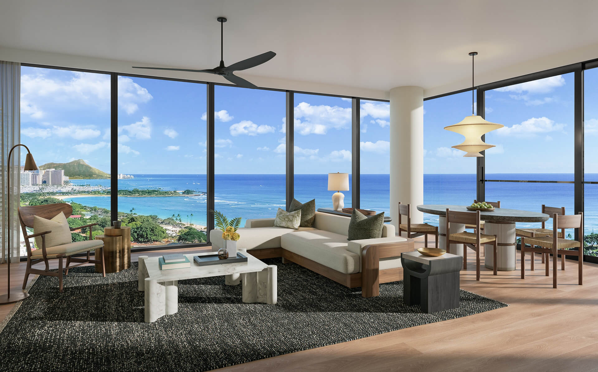 Kalae three bedroom Residence 00 Living Room with ocean and Diamond Head views.