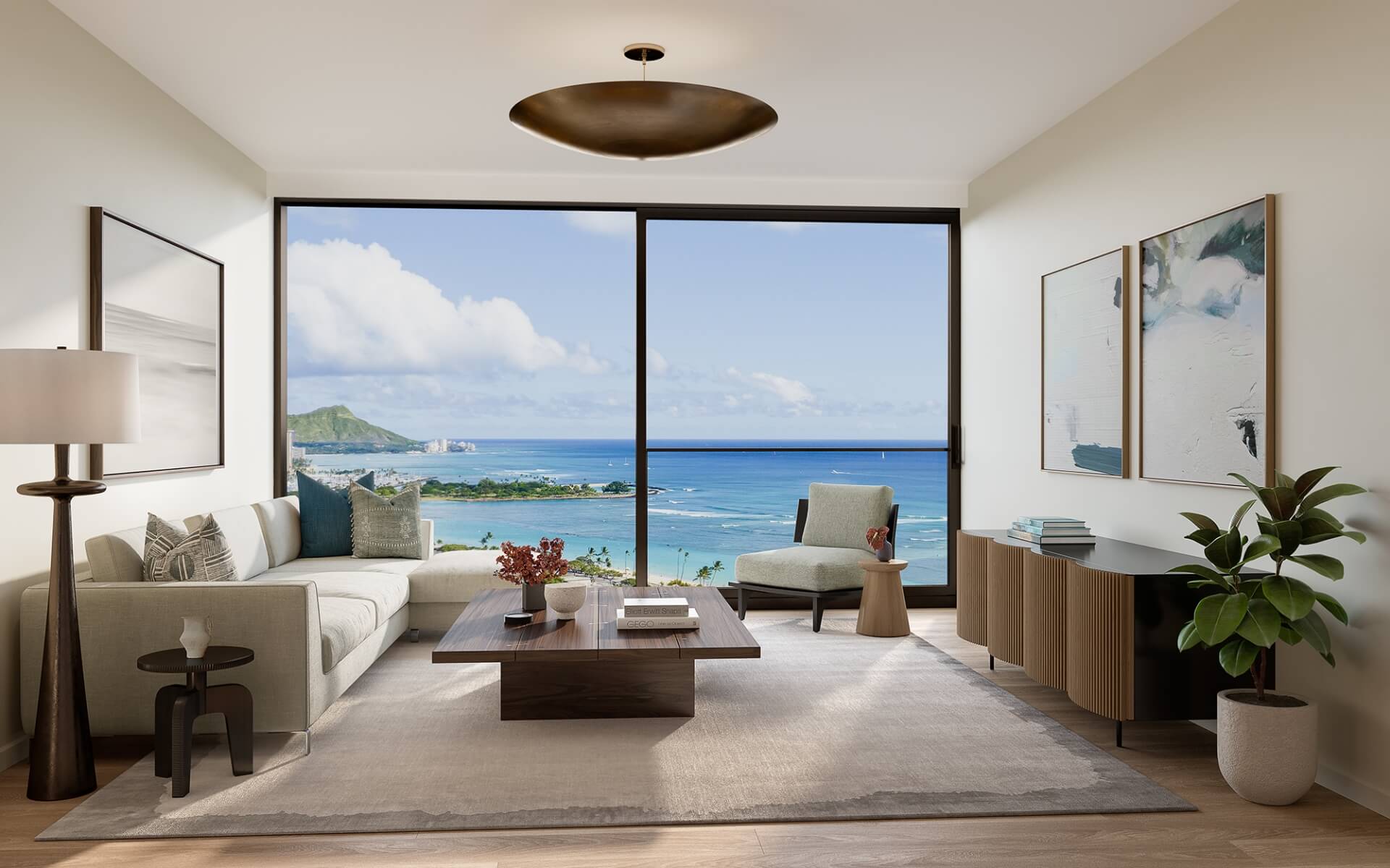 Kalae two bedroom Residence 02 Living Room with ocean and Diamond Head views.