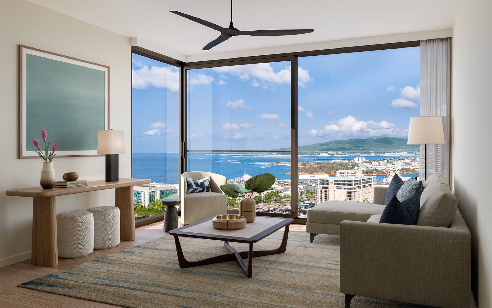 Kalae one bedroom Residence 03 Living Room with westward views of the Honolulu coastline.