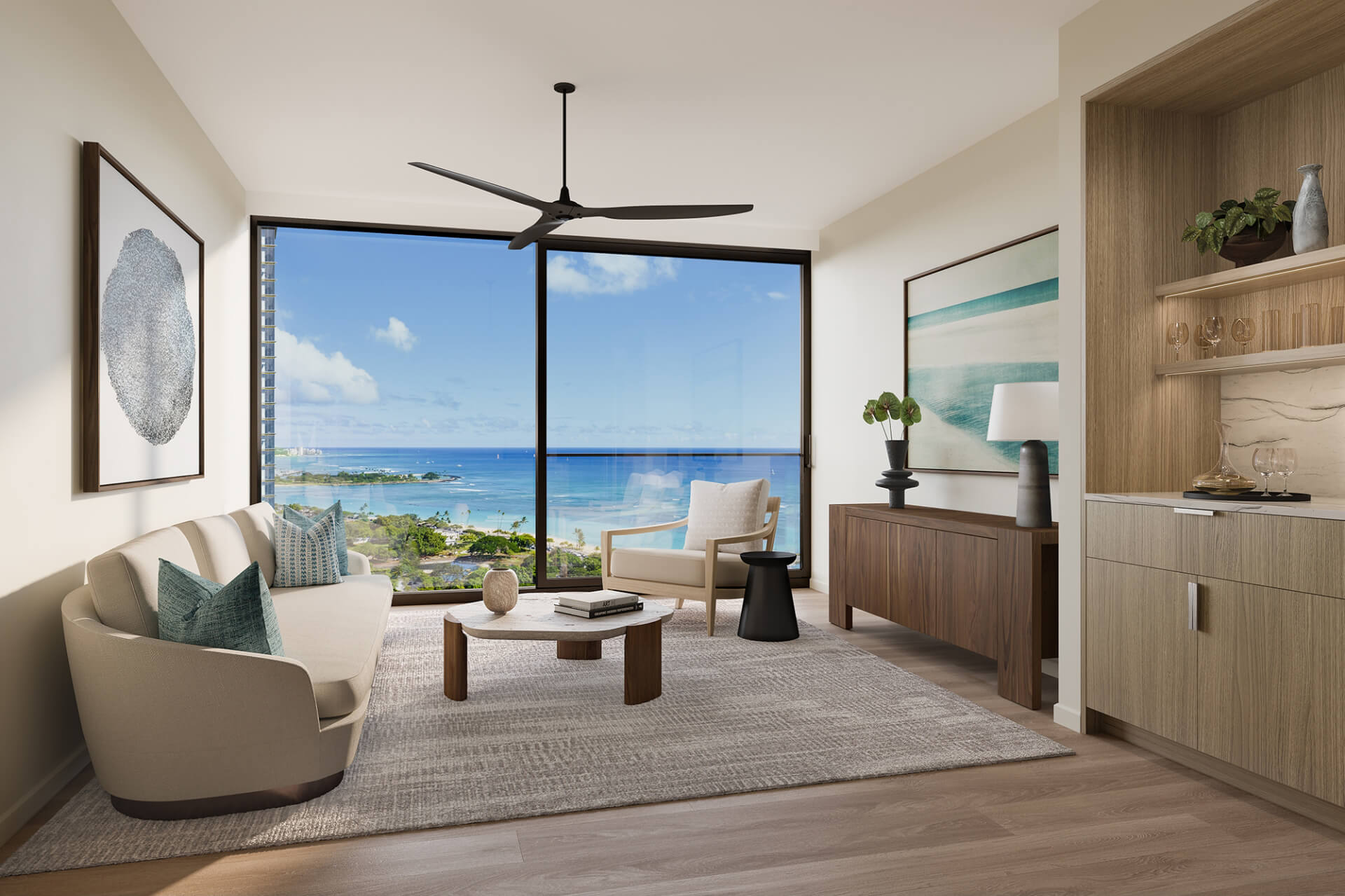 Kalae two bedroom Residence 10 Living Room with park and ocean views.