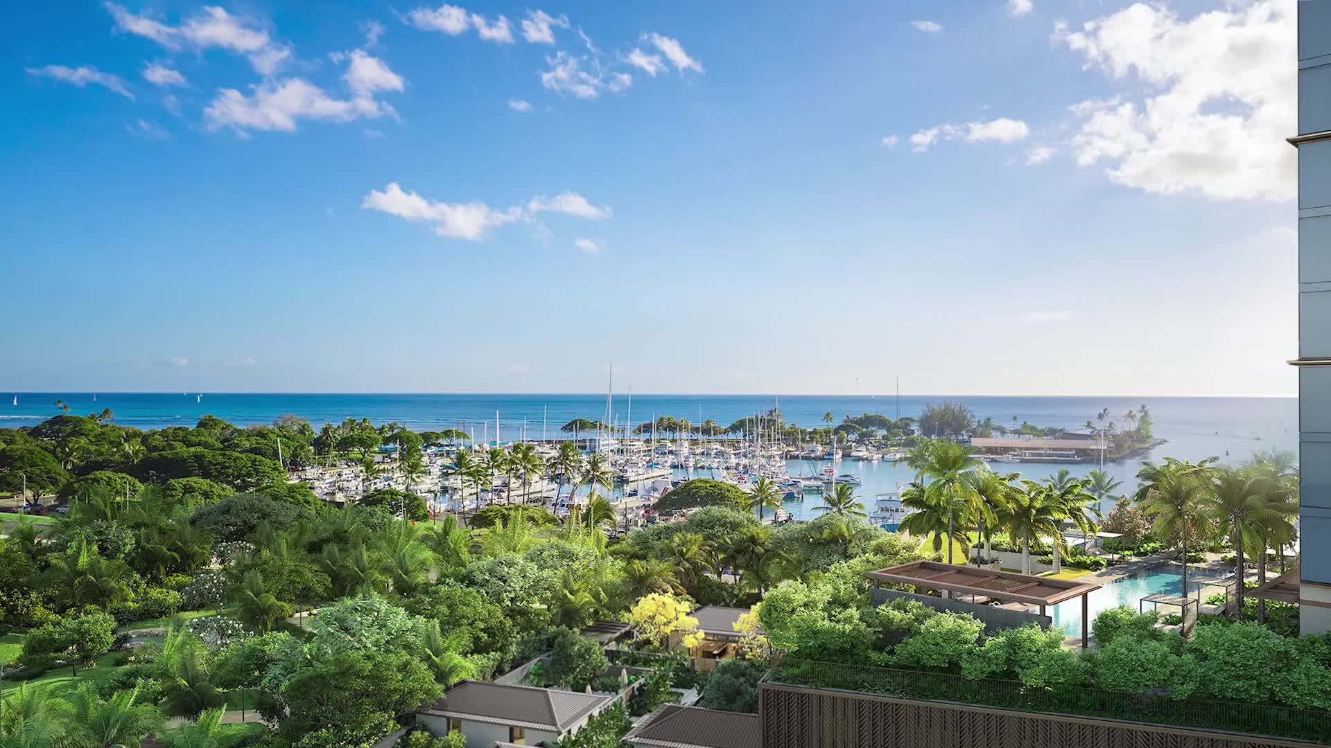 Aerial shot of sky, buildings, and trees overlooking the horizon