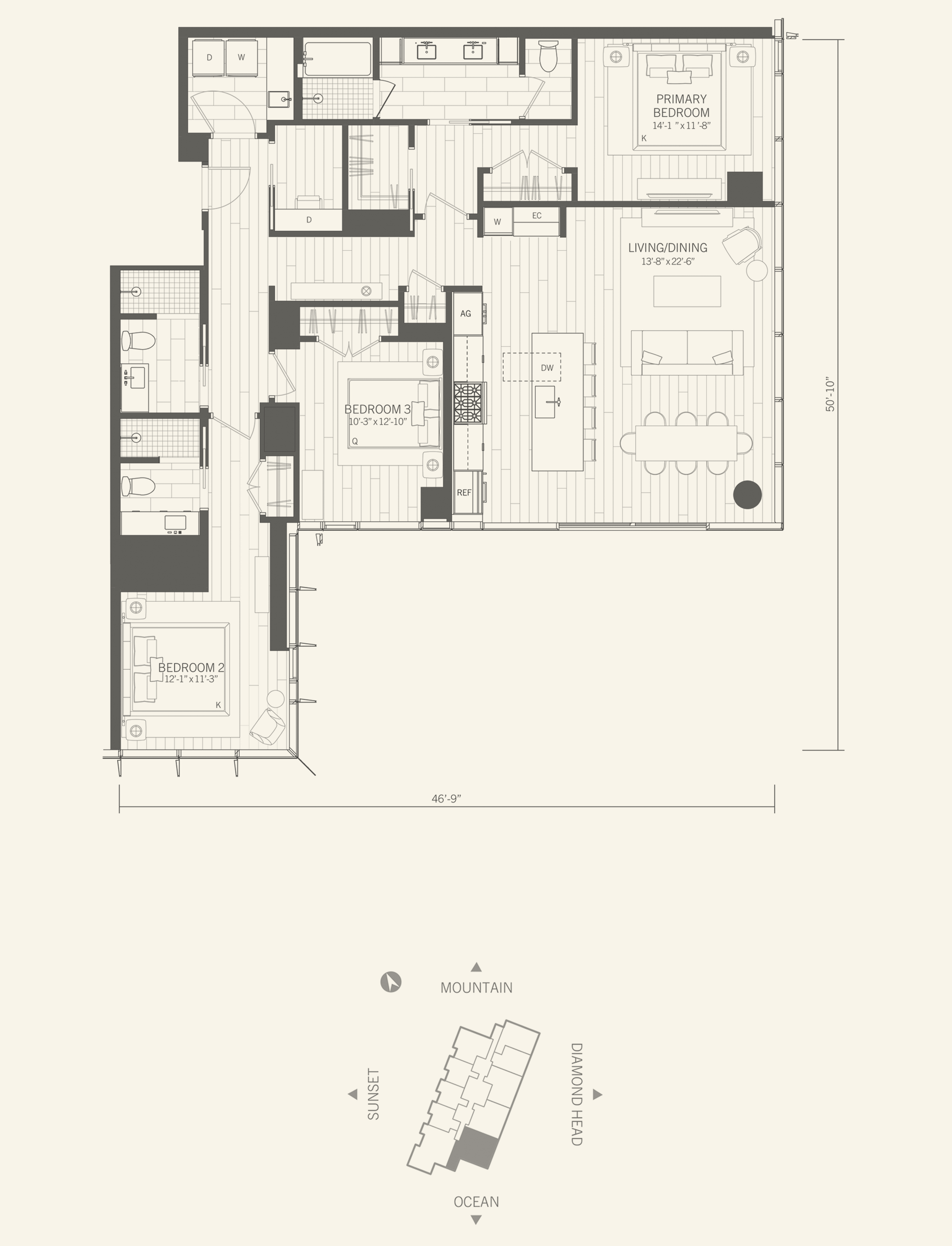 カラエ フロアプラン レジデンス00、3ベッドルーム（書斎付）、1,720平方フィート