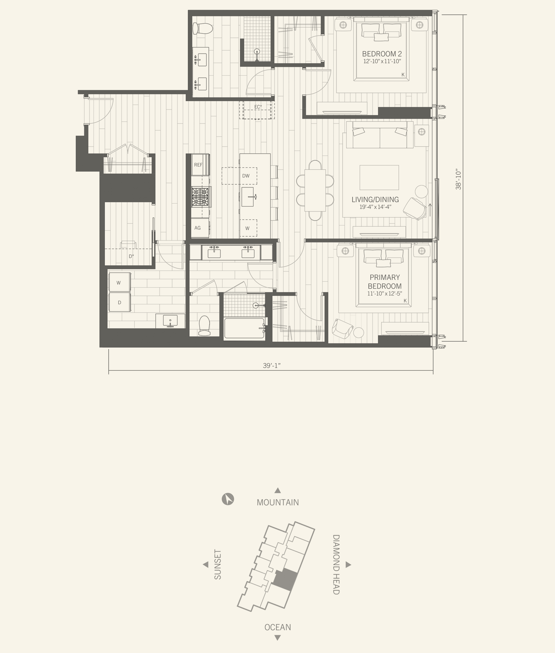 カラエ フロアプラン レジデンス02、2ベッドルーム（デン付）、1,411平方フィート