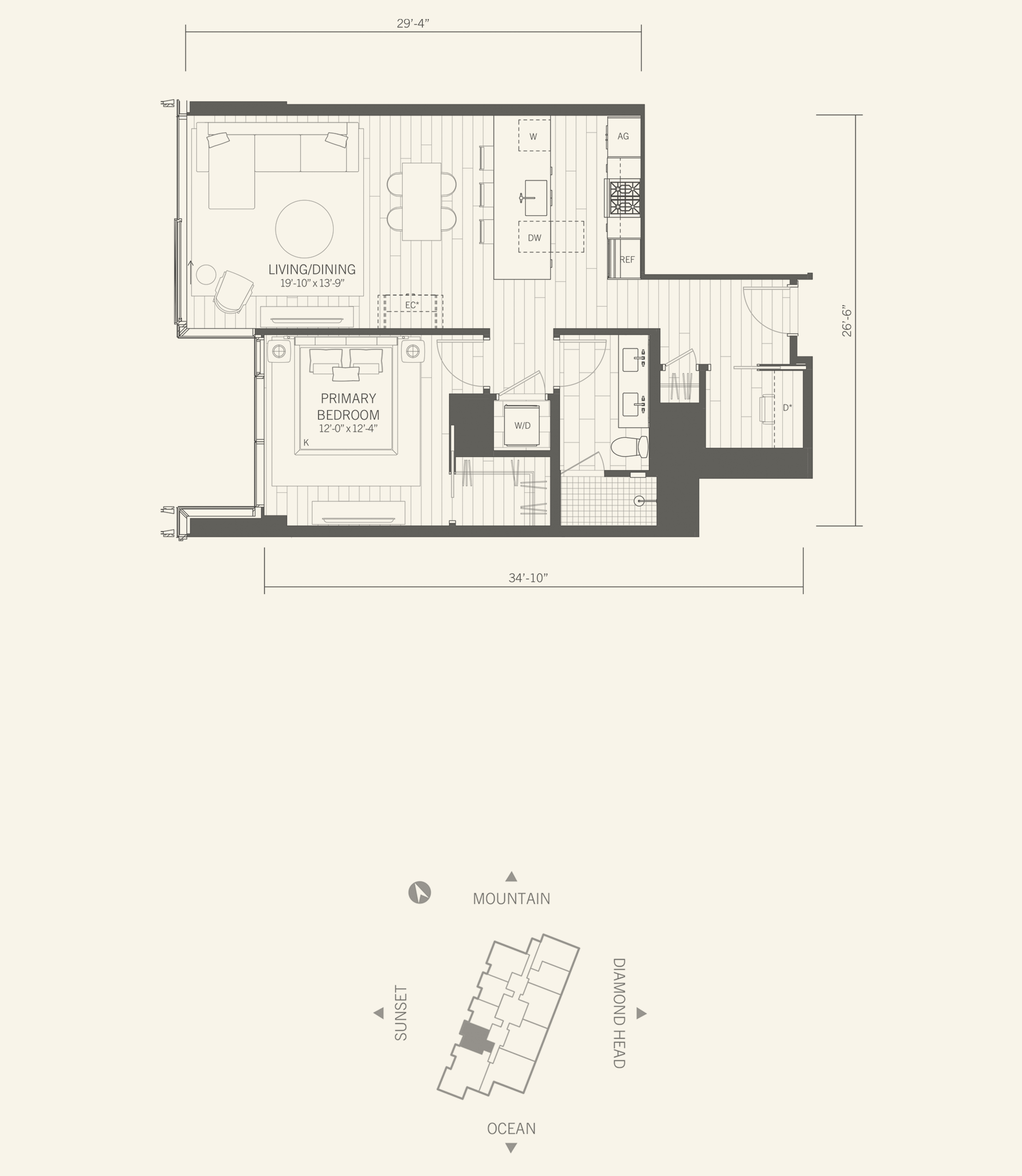Kalae平面图住宅03，1卧室带书房，829平方英尺