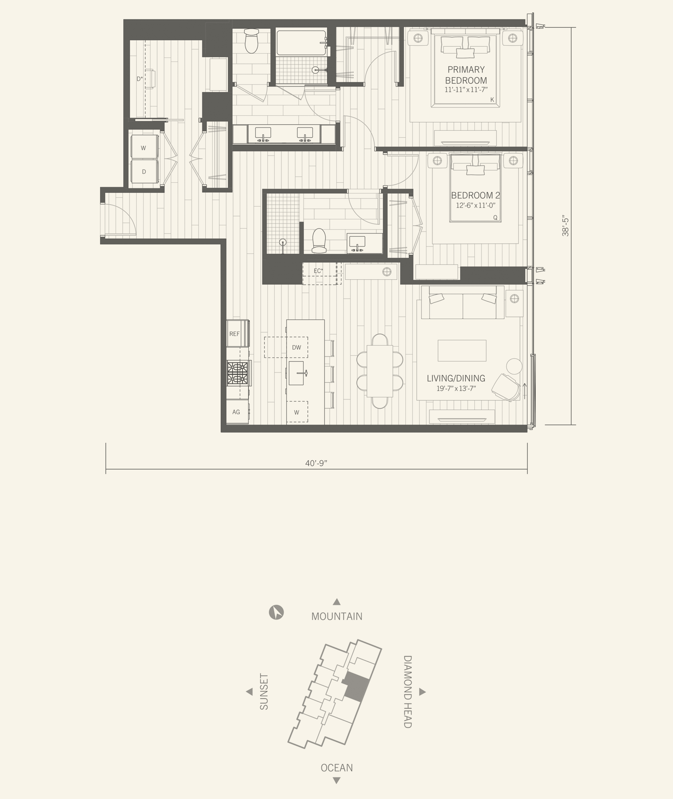 カラエ フロアプラン レジデンス06、2ベッドルーム（デン付）、1,321平方フィート