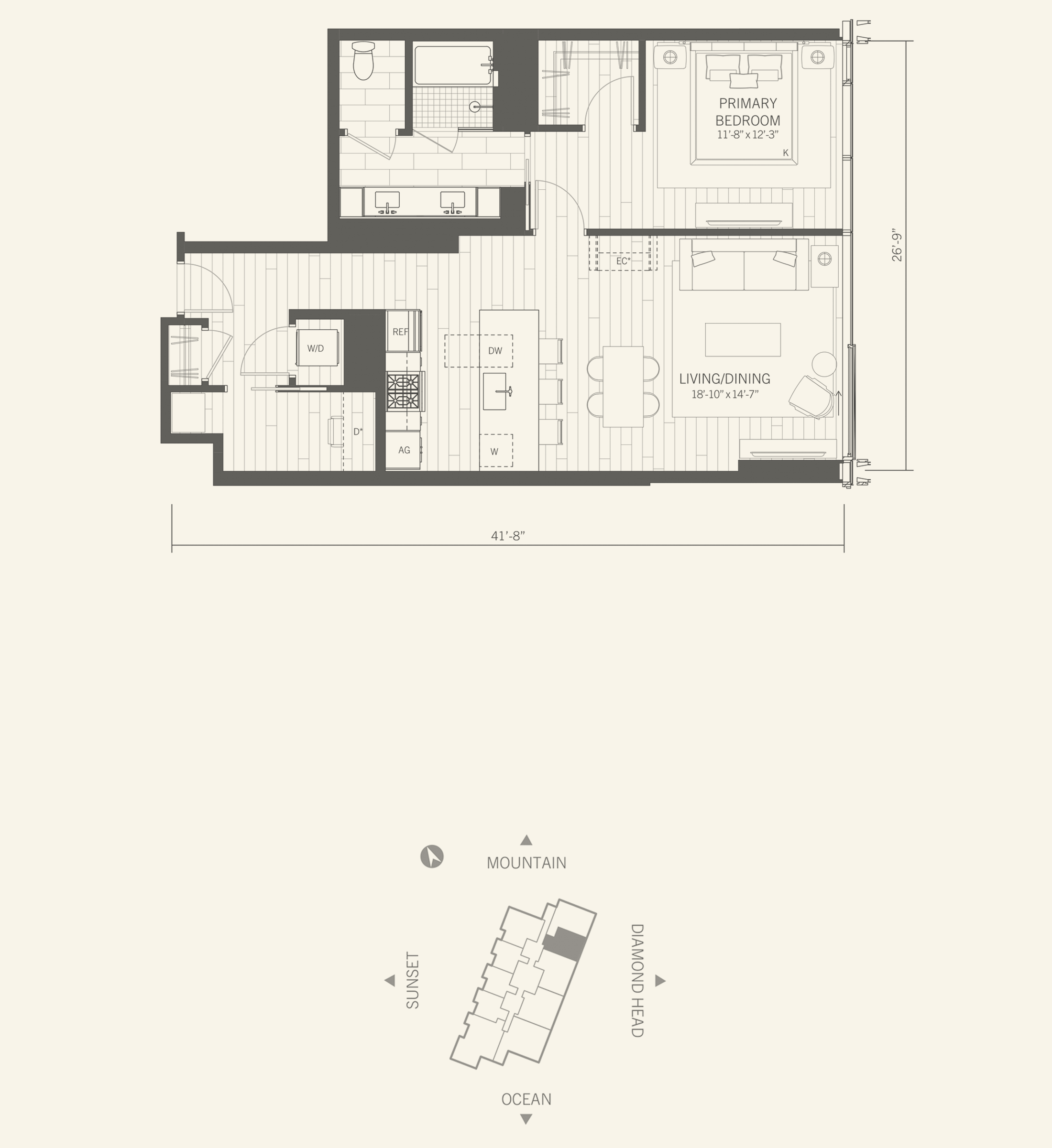 Kalae Floor Plan Residence 08, 1 Bedroom with Den, 941 square feet