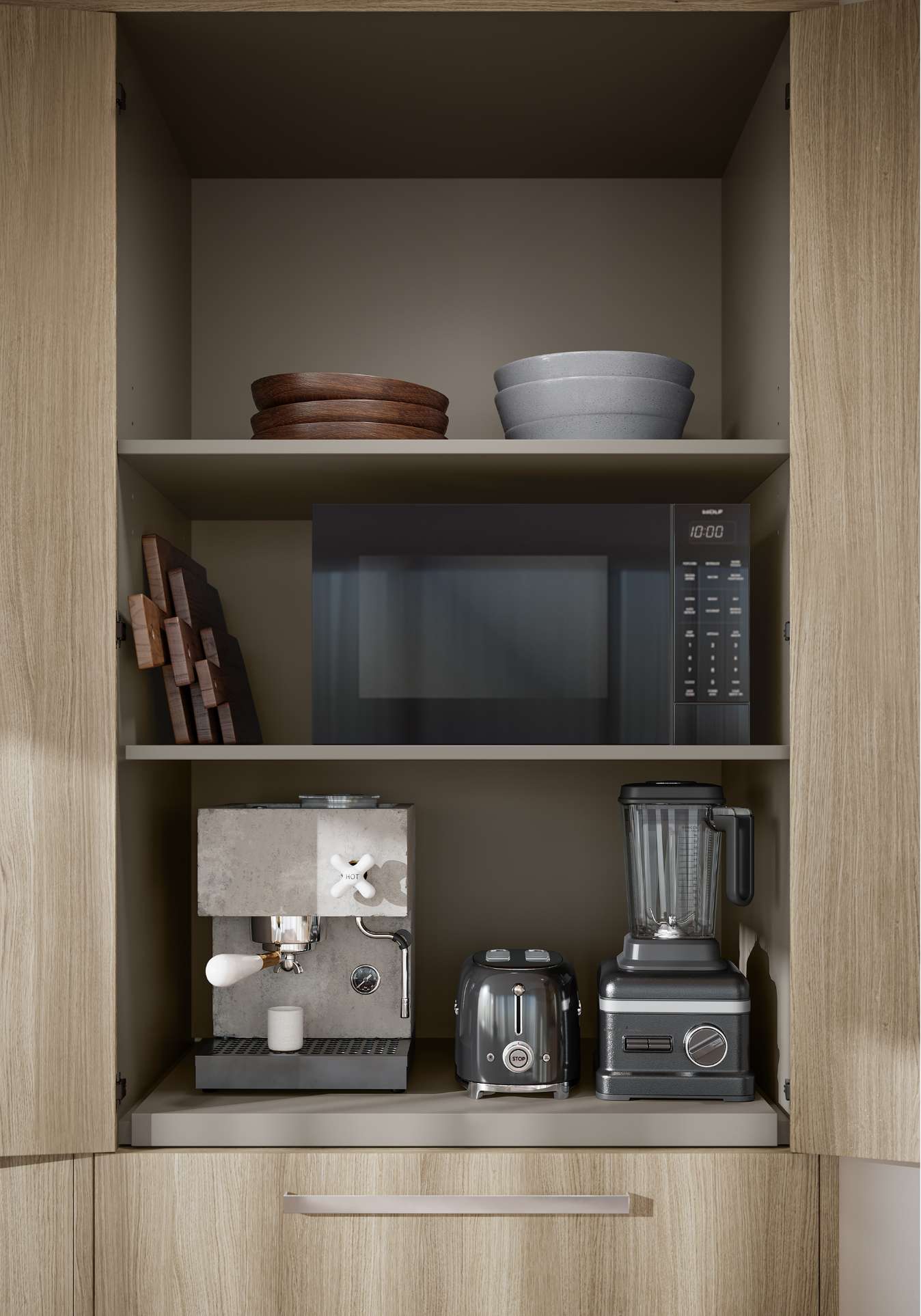 Render of kitchen shelf with plates, bowls, and various appliances