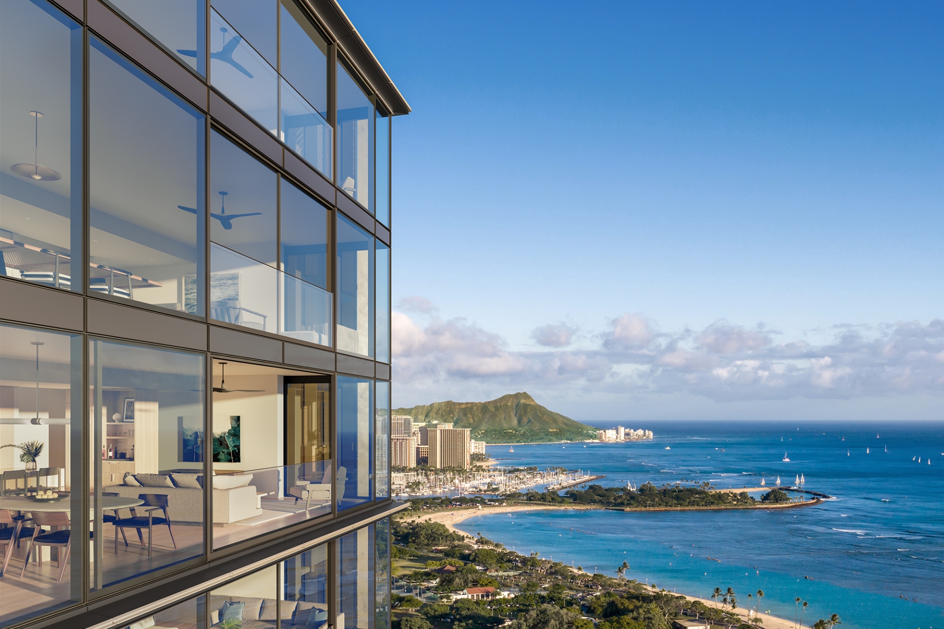 Kalae building facade with aerial view of residence, Diamond Head, and O‘ahu's South Shore