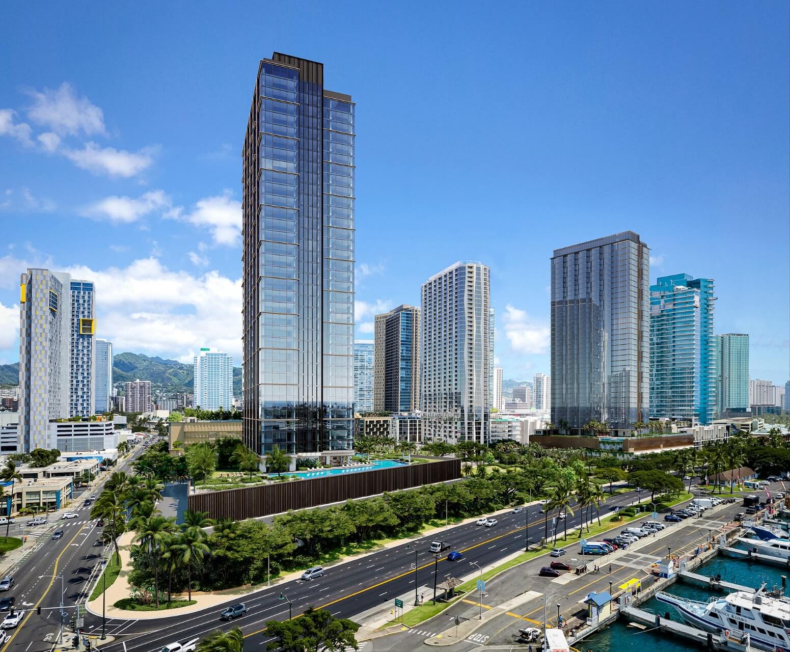 Ward Avenue와 Ala Moana Boulevard의 모퉁이에있는 Kalae 건물 외관.