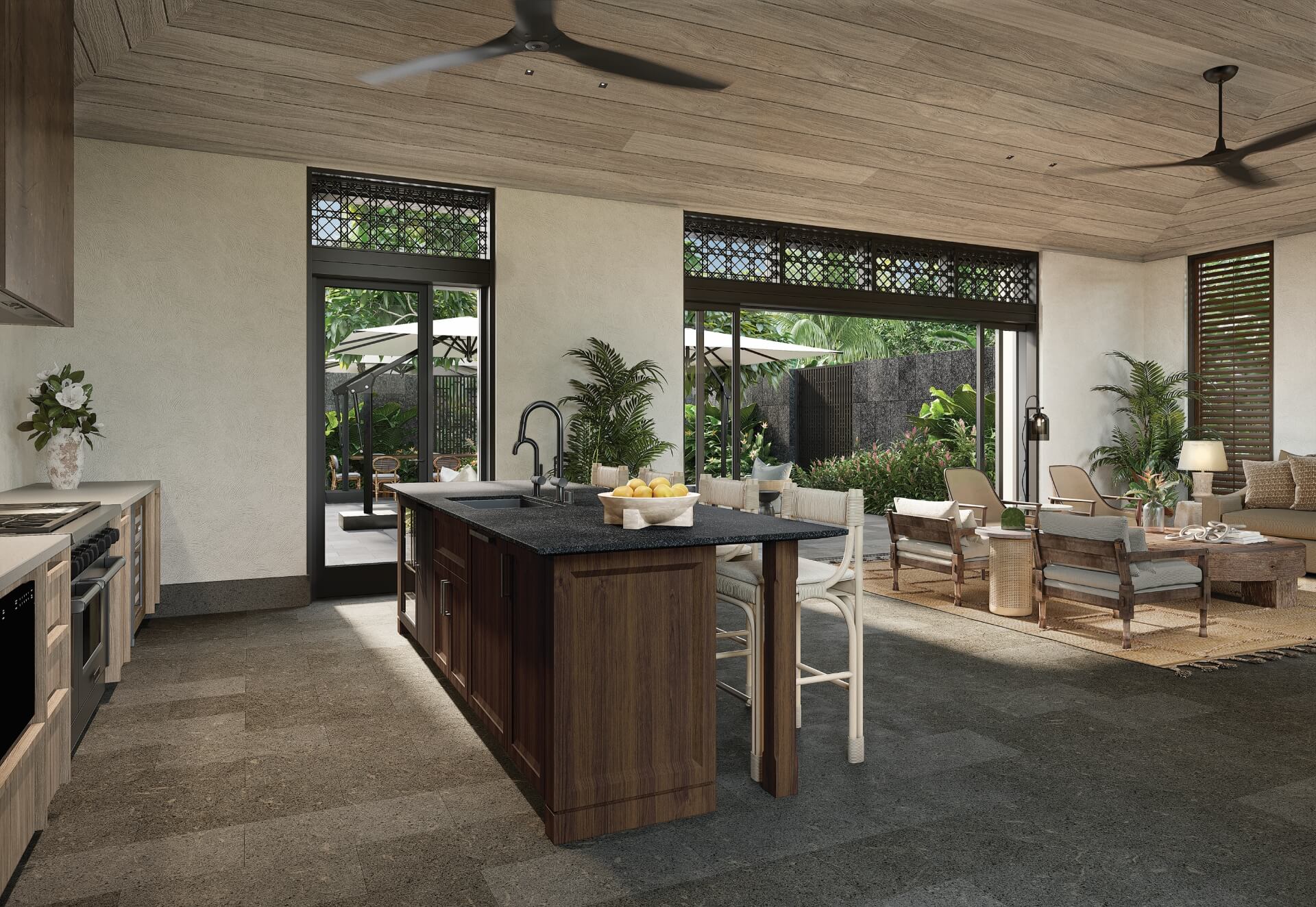 Mālie Courtyard Sunrise that is covered and semi-enclosed with adjoining kitchen.