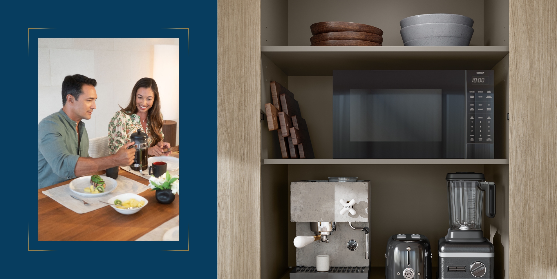 A man and a woman enjoying breakfast and coffee. Kalae Appliance Garage in Light Color Scheme with cabinetry showcasing dishware, microwave, espresso machine, toaster, and blender.