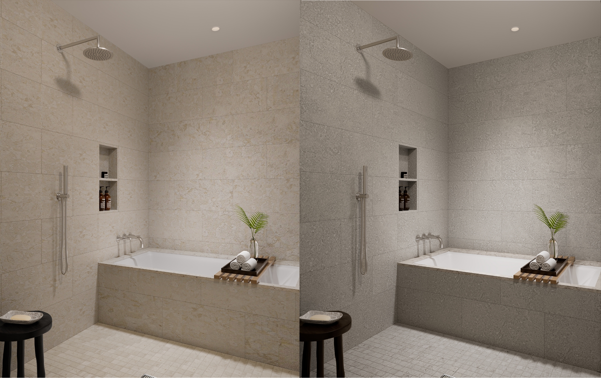 Side by side view of a shower and tub combination in a light and dark color scheme comparison.