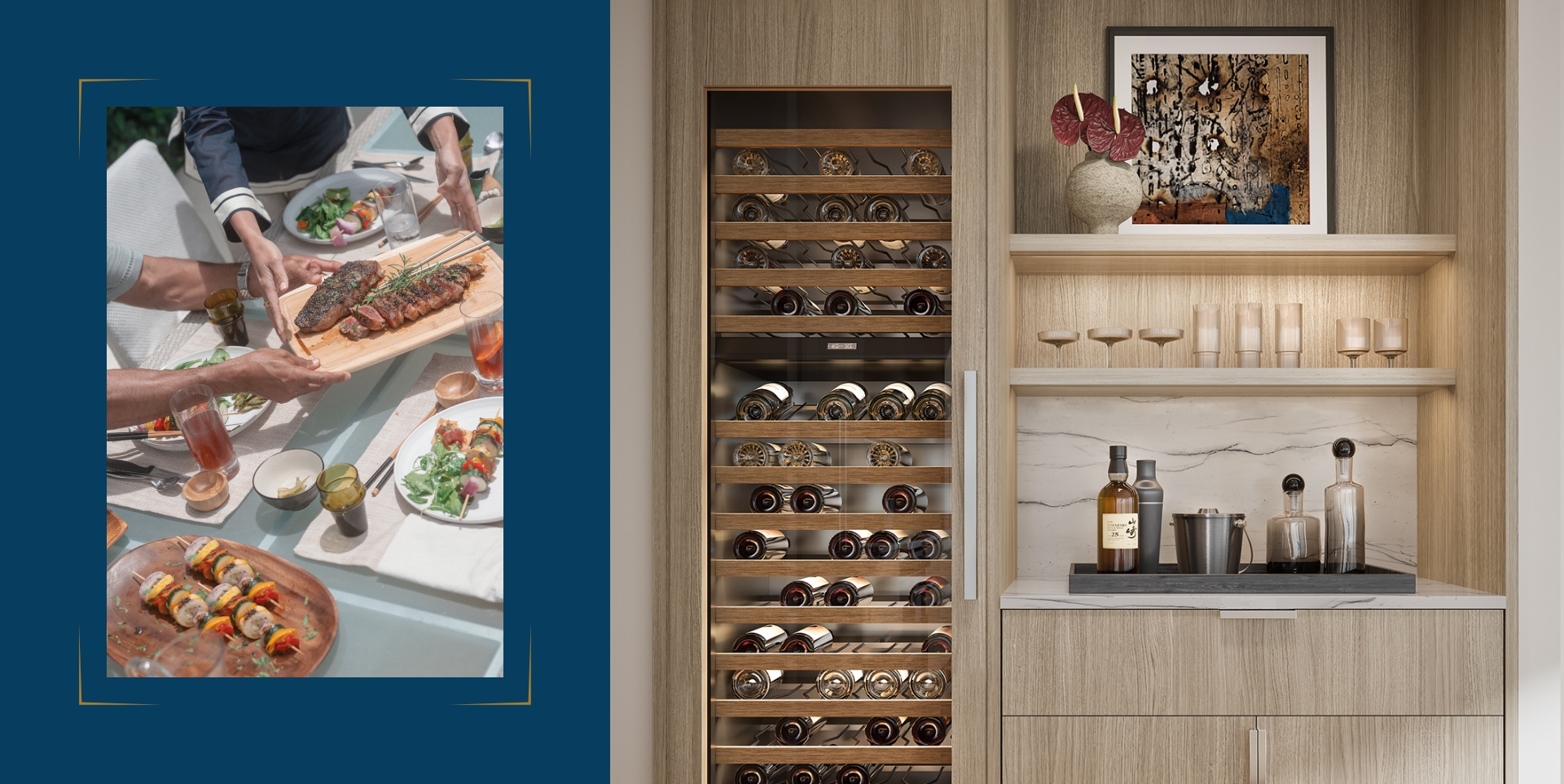 Hands passing a cutting board topped with cut steak over a dining table filled with food. Entertainment Cabinet upgrade in light color scheme showcasing a wine fridge, open shelving, cabinetry, and bar top.