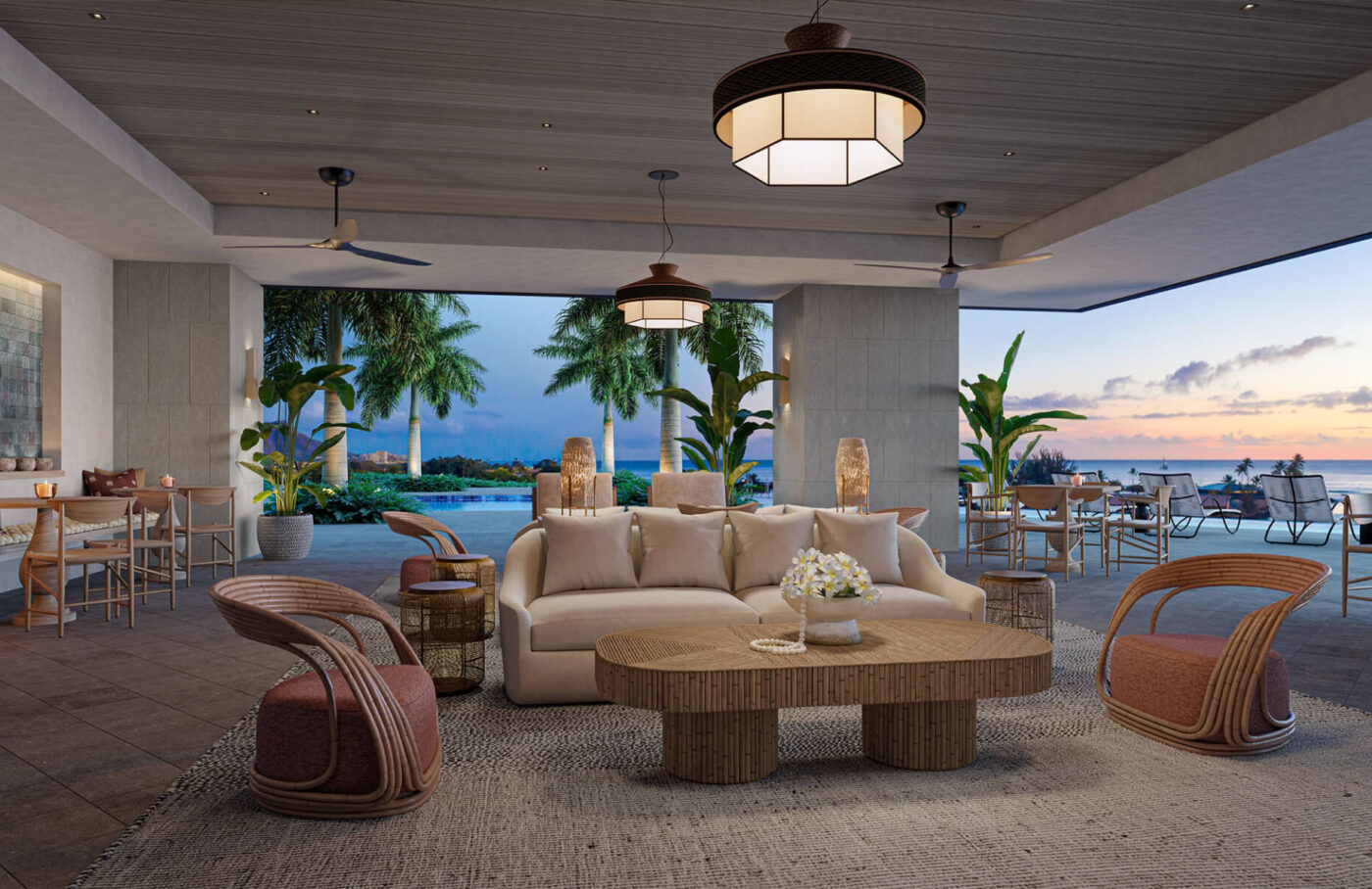 The Kalae Owners Lounge, a covered, but open-air lounge space with comfortable and inviting furniture adjacent to the pool and harbor views.