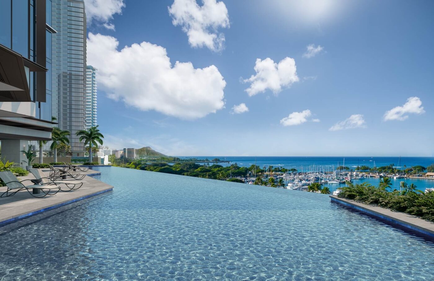 Kalae Resort Pool overlooking Kewalo Basin Harbor.