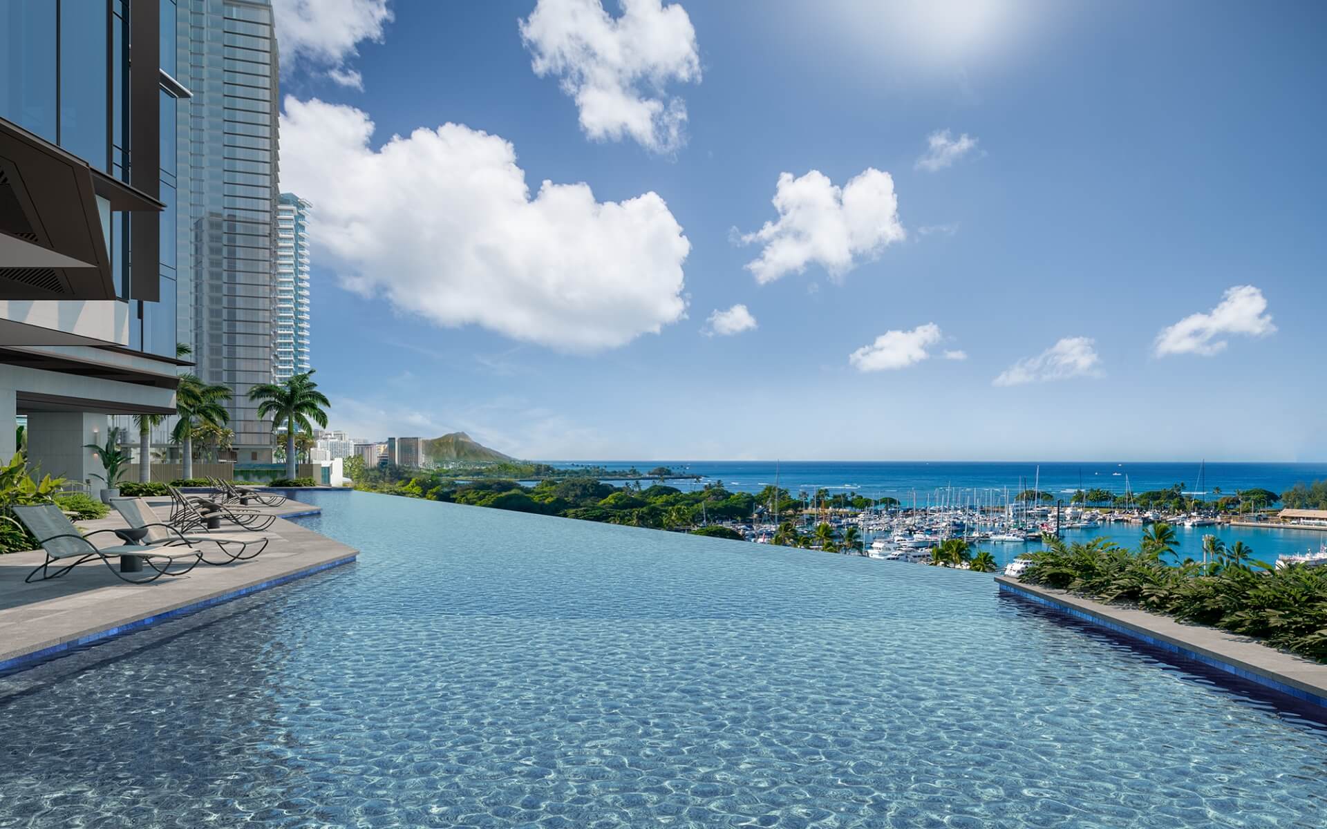 Kalae Resort Pool overlooking Kewalo Basin Harbor.