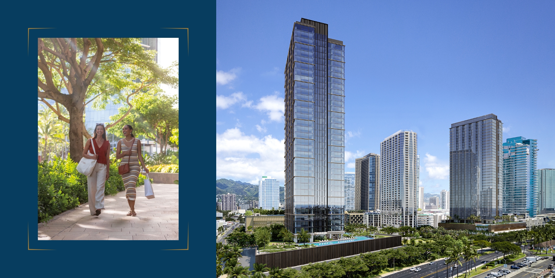 Two women shopping in Ward Village. Kalae Tower facade at the corner of Ward Avenue and Ala Moana Boulevard.