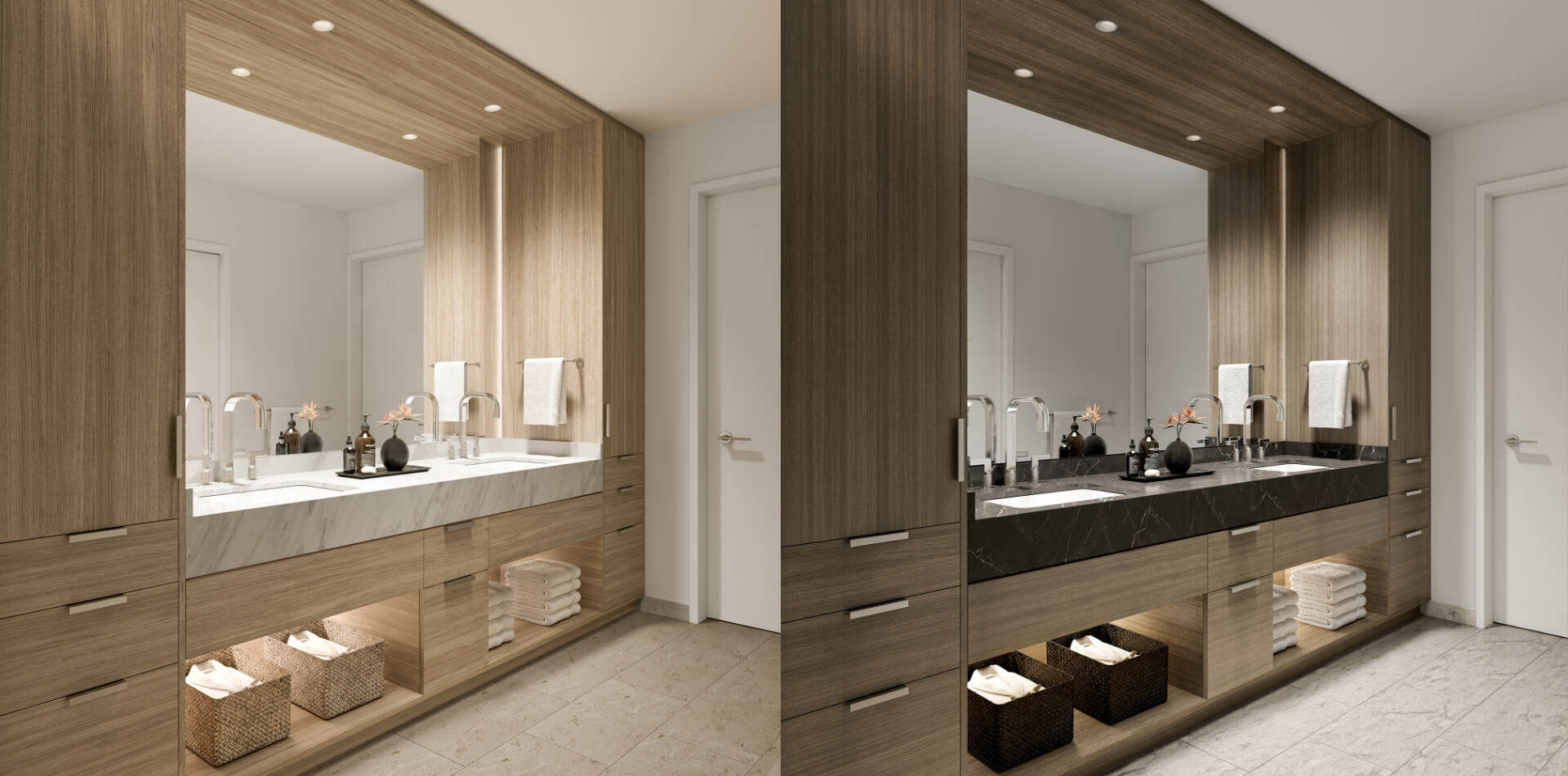 浅色和深色方案比较中的浴室盥洗台的并排视图。