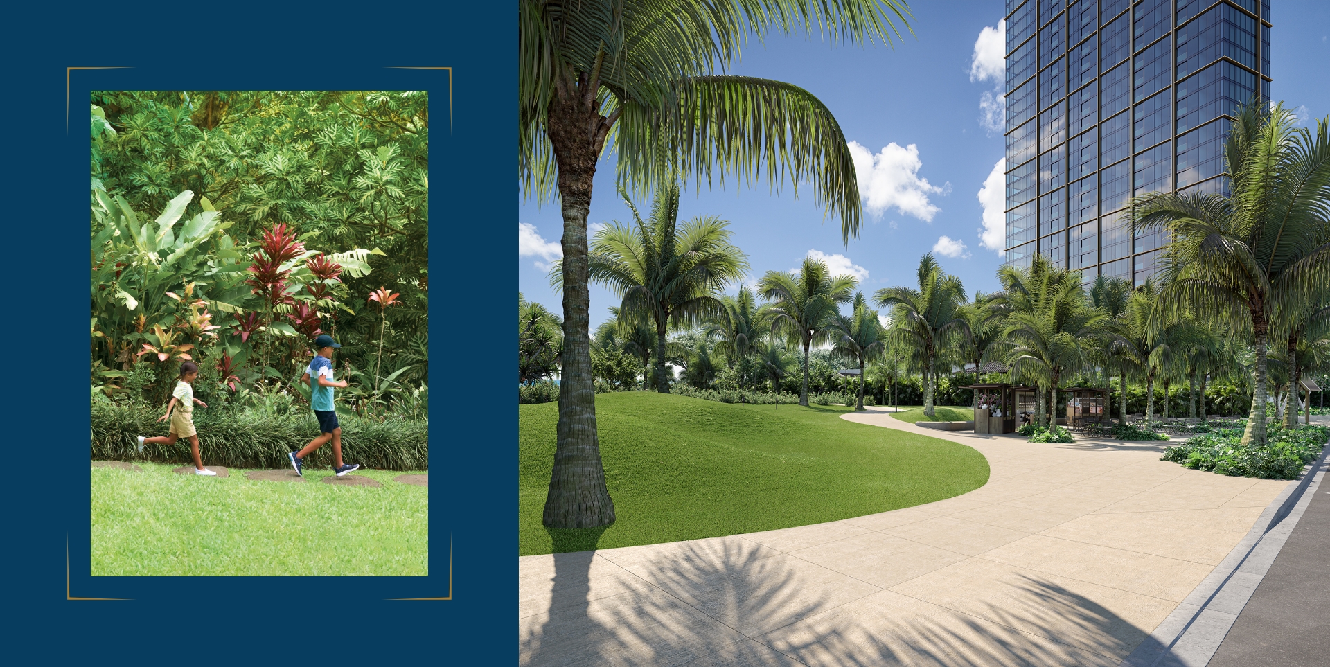 Two children running across stone pathway and lawn alongside colorful tropical plants. Rendering of Victoria Ward Park and Kalae.