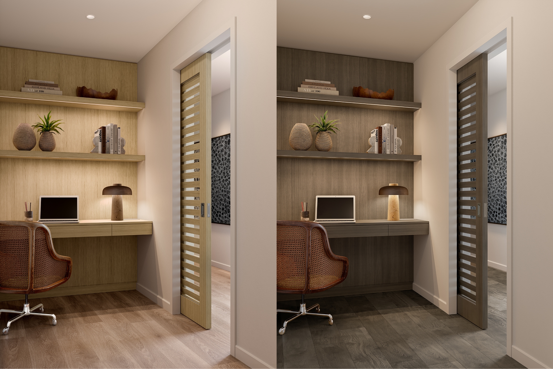 Side by side view of the integrated office feature in a light and dark color scheme comparison.