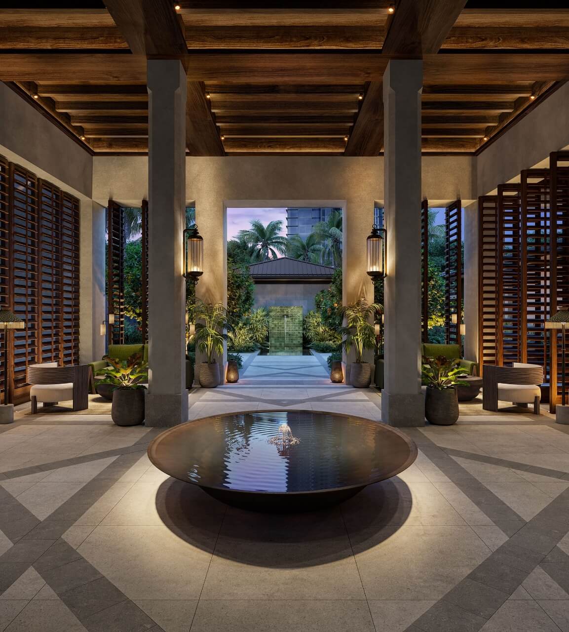 Kalae Lobby Garden lined with plants and a water feature.