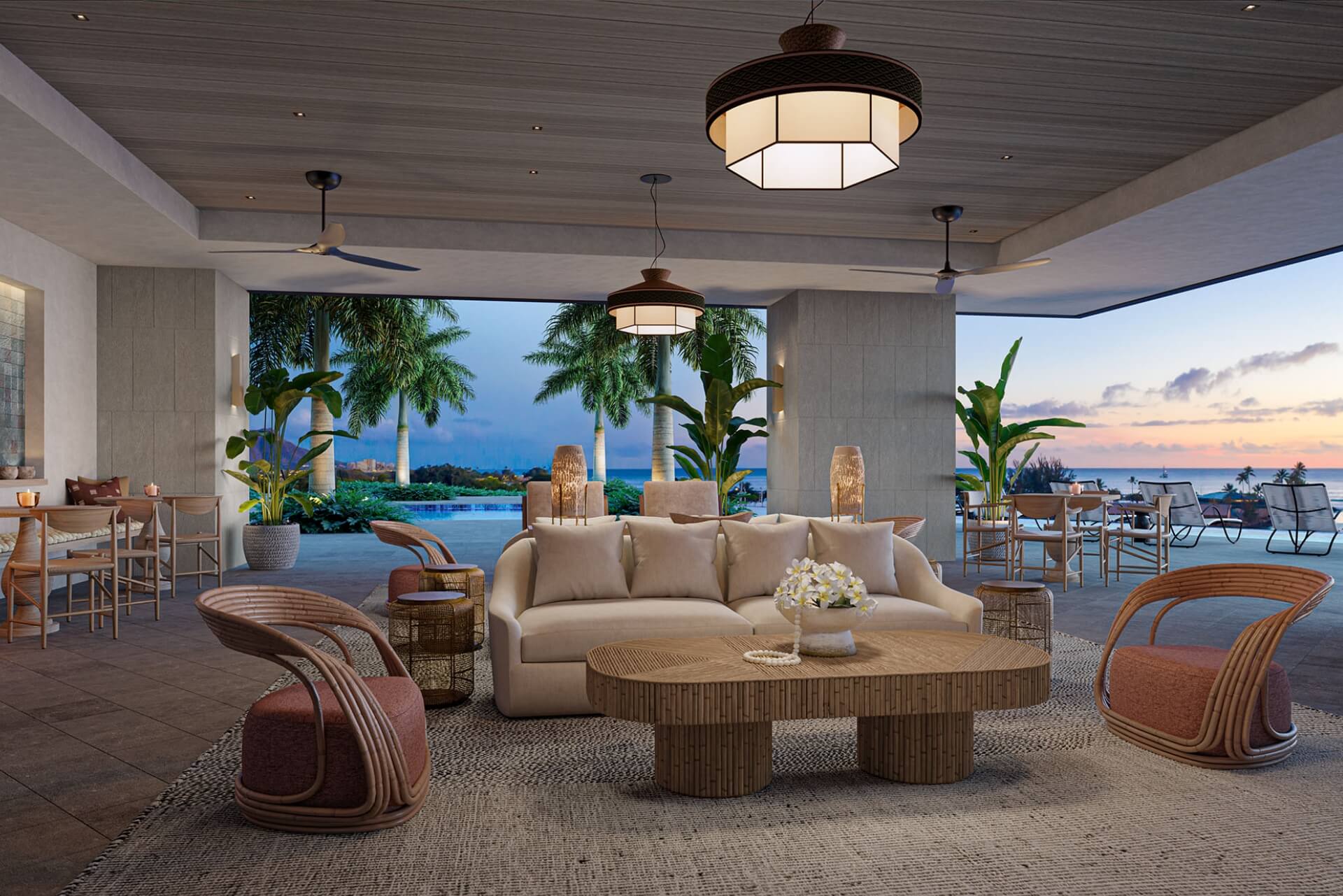 Kalae Owners Lounge overlooking the pool and sunset views.
