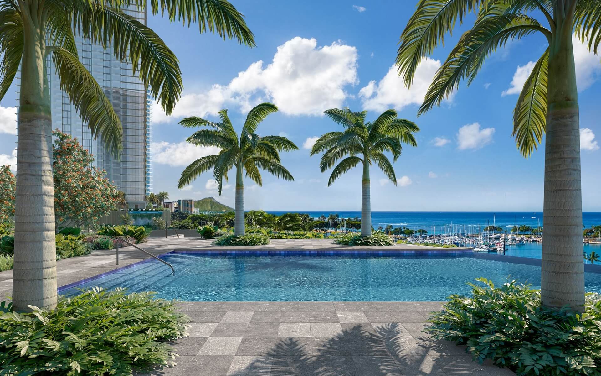 Pool at Kalae with Diamond Head in the background.