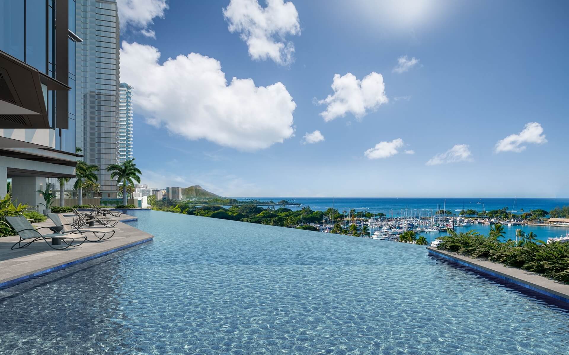 Kalae Resort Pool with views of Kewalo Basin Harbor.