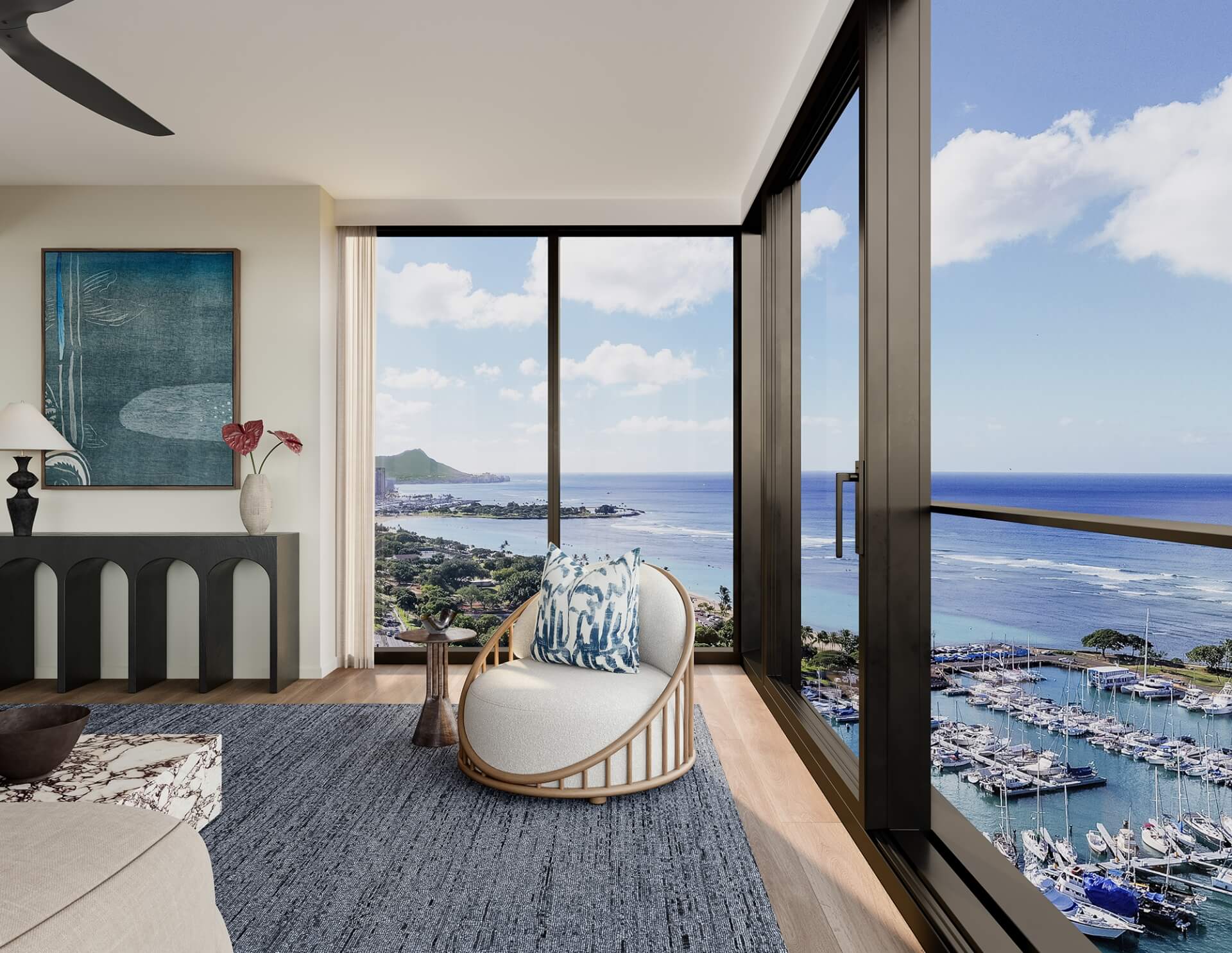 Kalae Residence 01 Living Room with views of Kewalo Basin Harbor and Diamond Head in the distance.