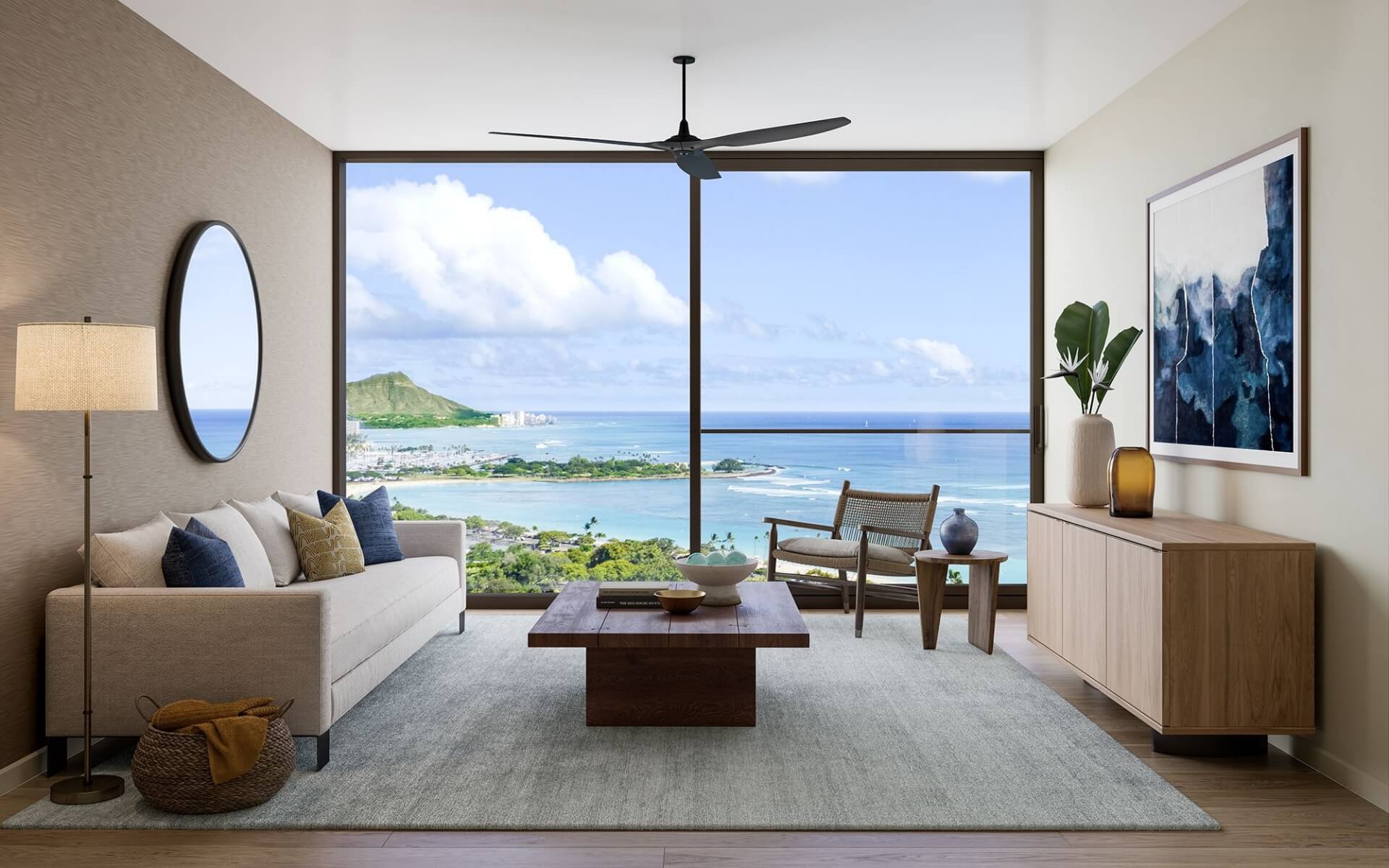 Kalae two bedroom Residence 06 Living Room with ocean and Diamond Head views.