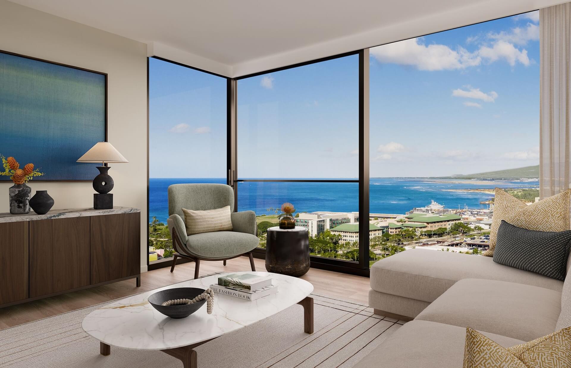Kalae one bedroom Residence 07 Living Room with westward views of the Honolulu coastline.