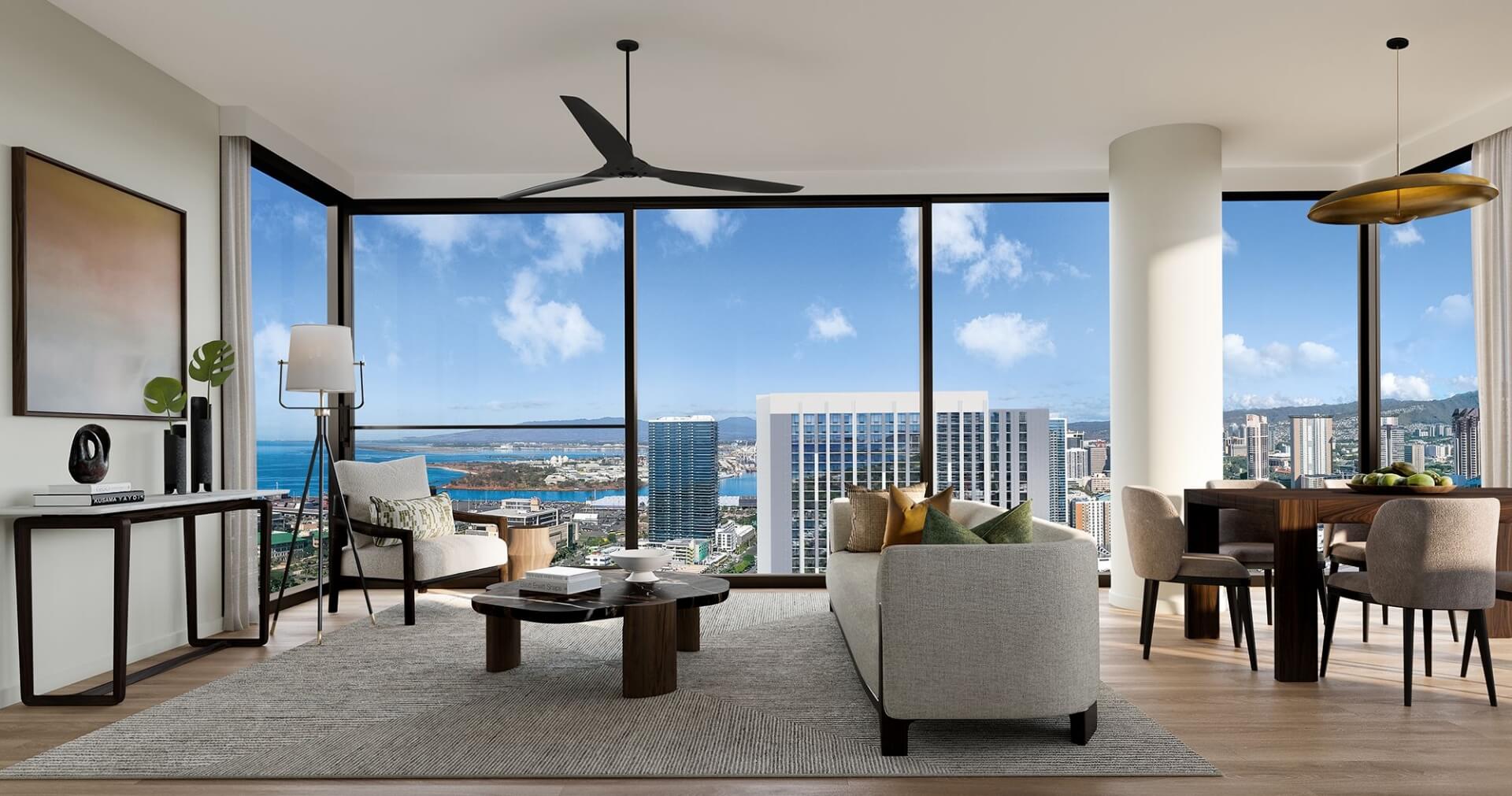 Kalae two bedroom Residence 09 Living Room with westward views of Honolulu and the South Shore coastline.