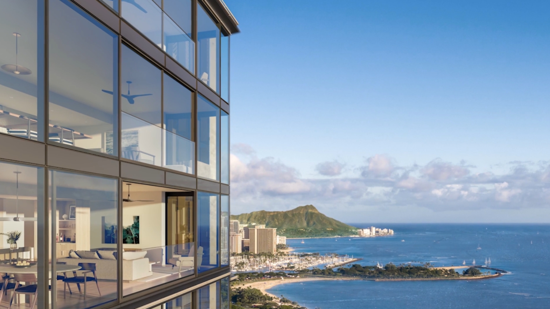 Kalae building facade with aerial view of residence, Diamond Head, and O‘ahu's South Shore.