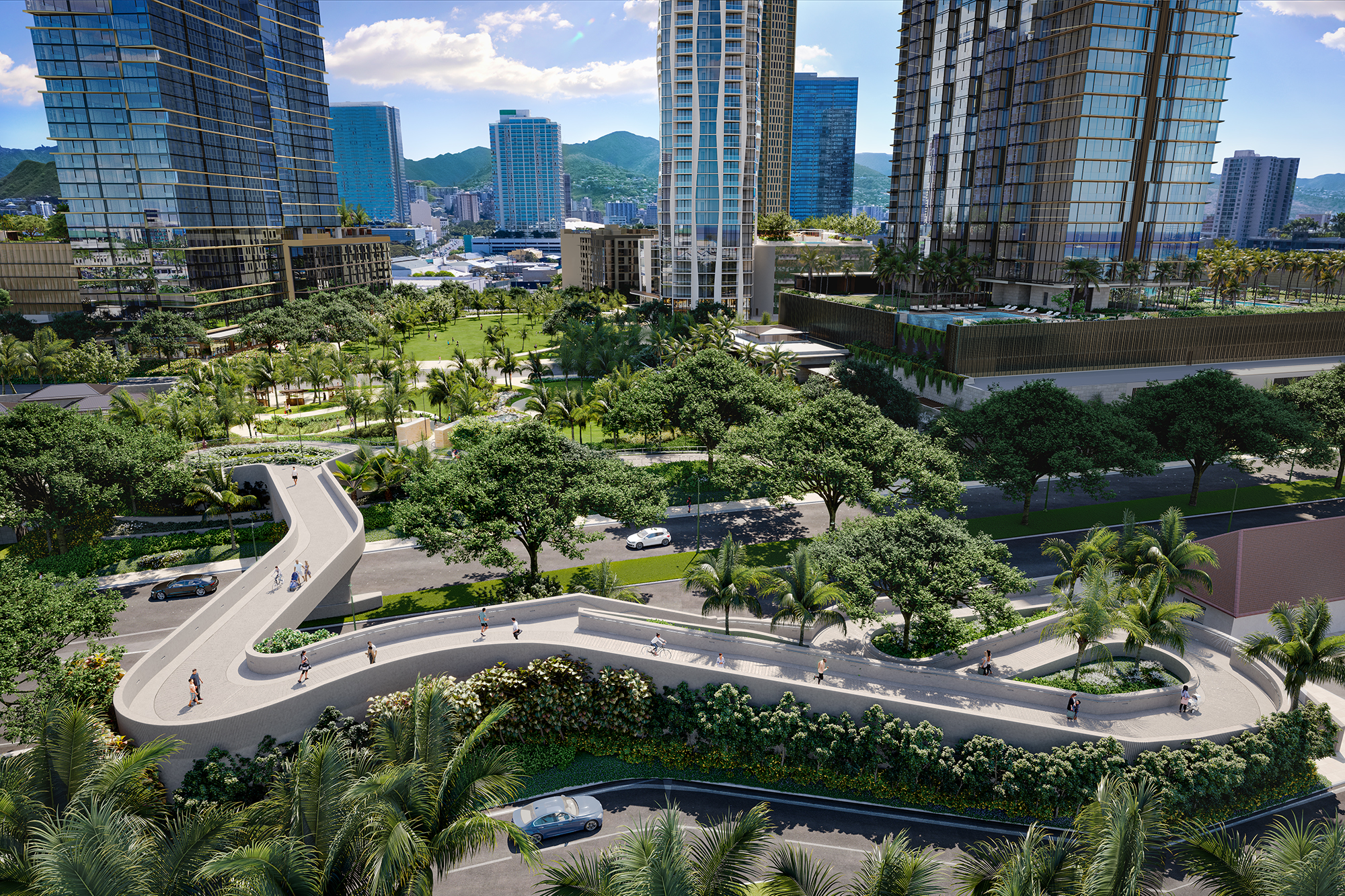 Render of an overhead walkway that crosses Ala Moana Boulevard