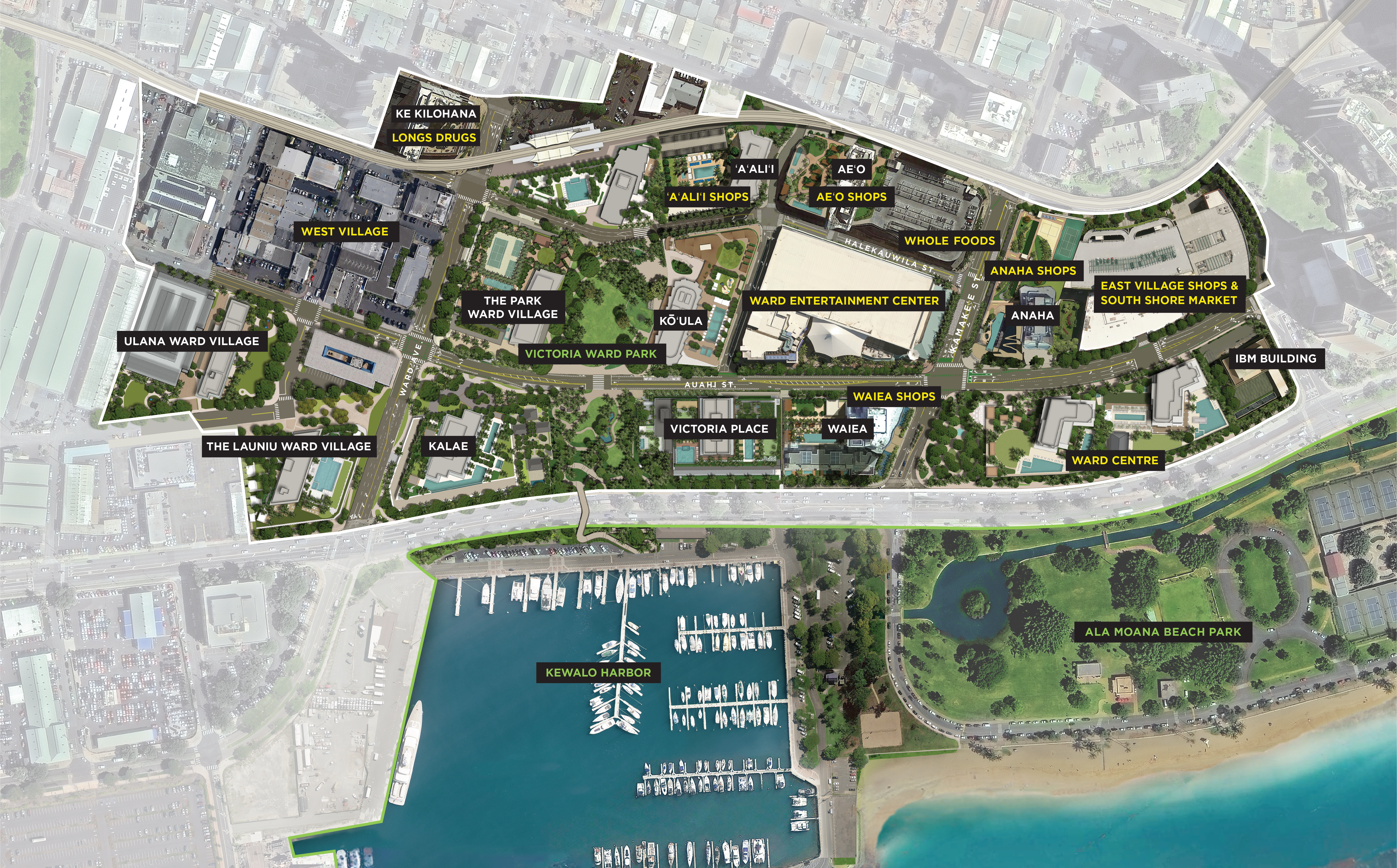 Overhead illustration of residential and retail properties of Ward Village