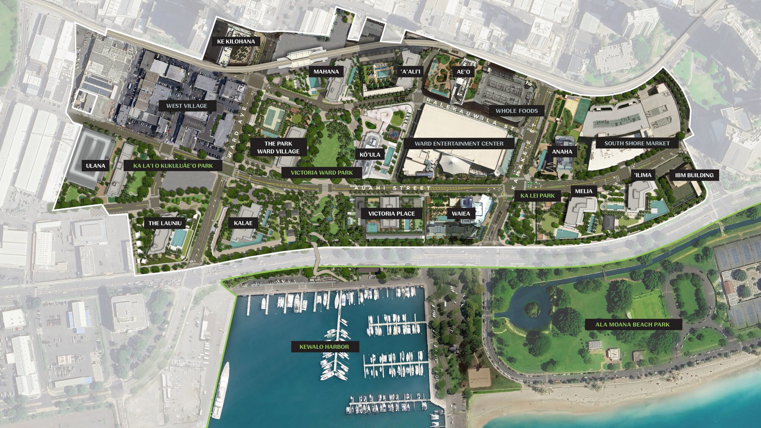 Aerial view of a planned urban development featuring labeled buildings, green spaces, roads, and a marina adjacent to the waterfront.